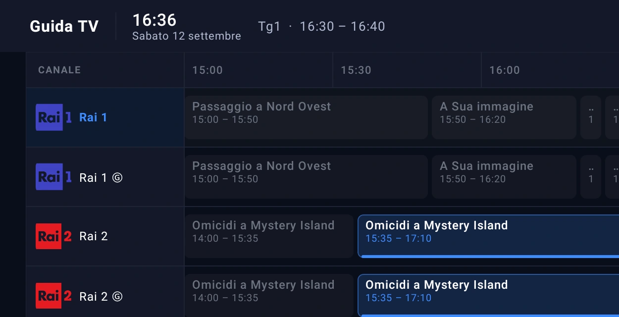 Jusonix TV guide on a Fire TV Stick with the red now-line