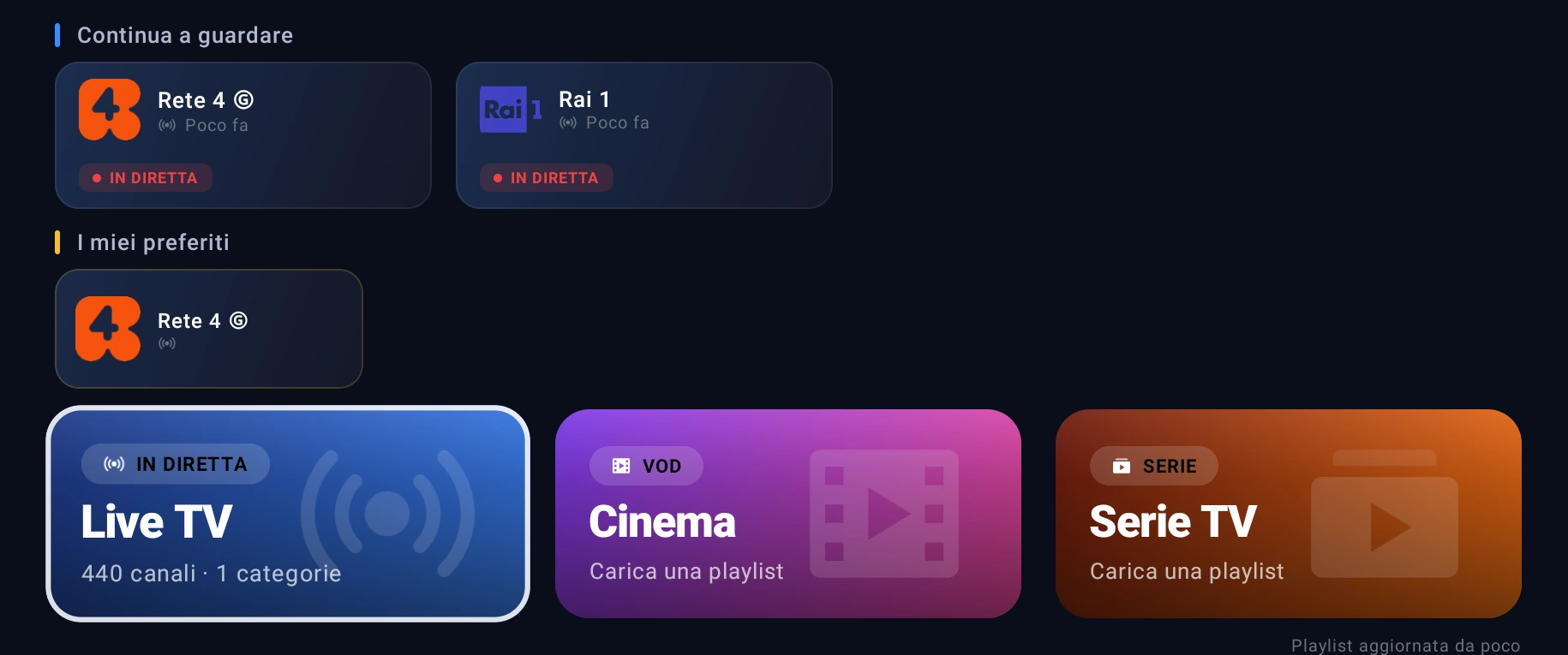 Jusonix home screen: resume row, favourites and the three sections