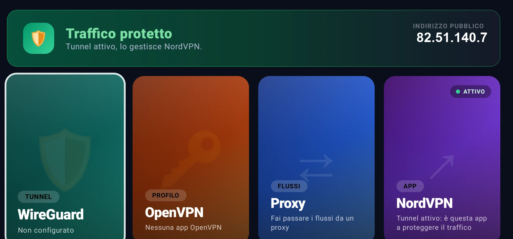 VPN screen: WireGuard, OpenVPN, proxy and installed apps